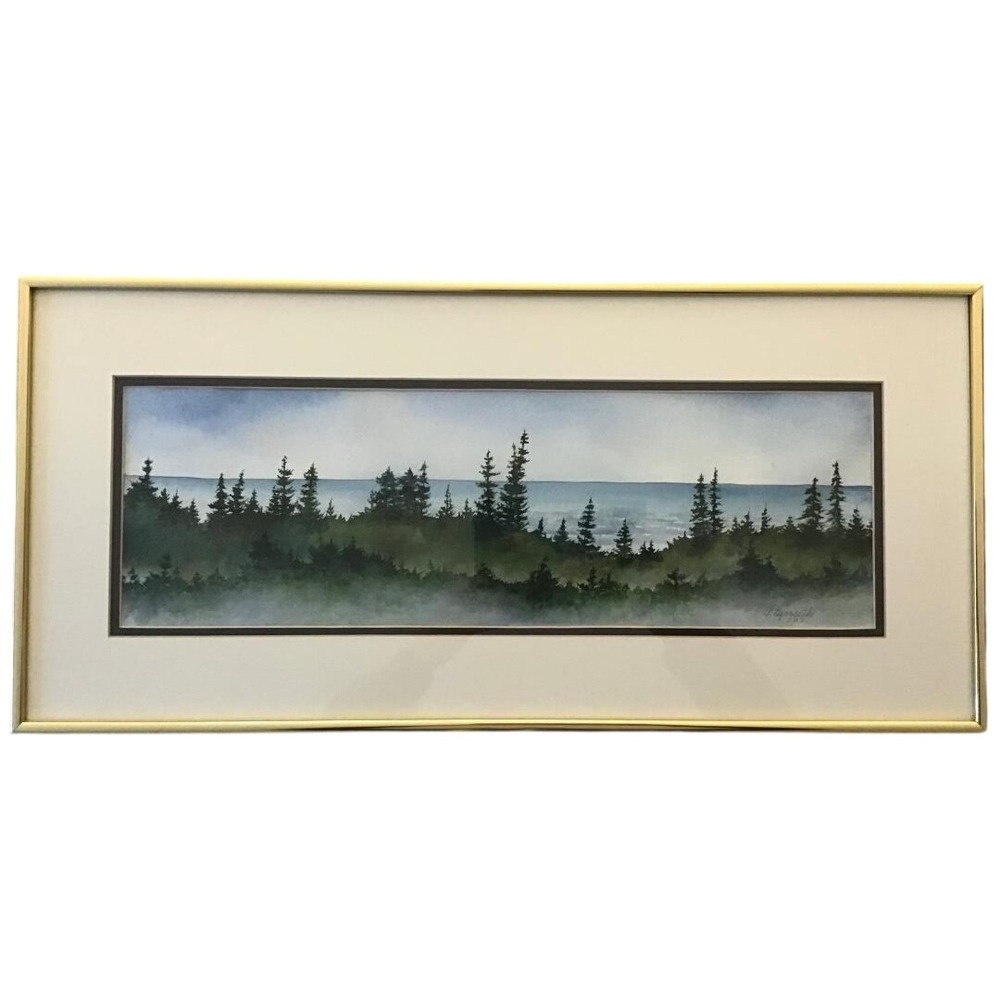 P. Bjorseth Original Watercolor Painting Framed Misty Pine Forest Landscape Art